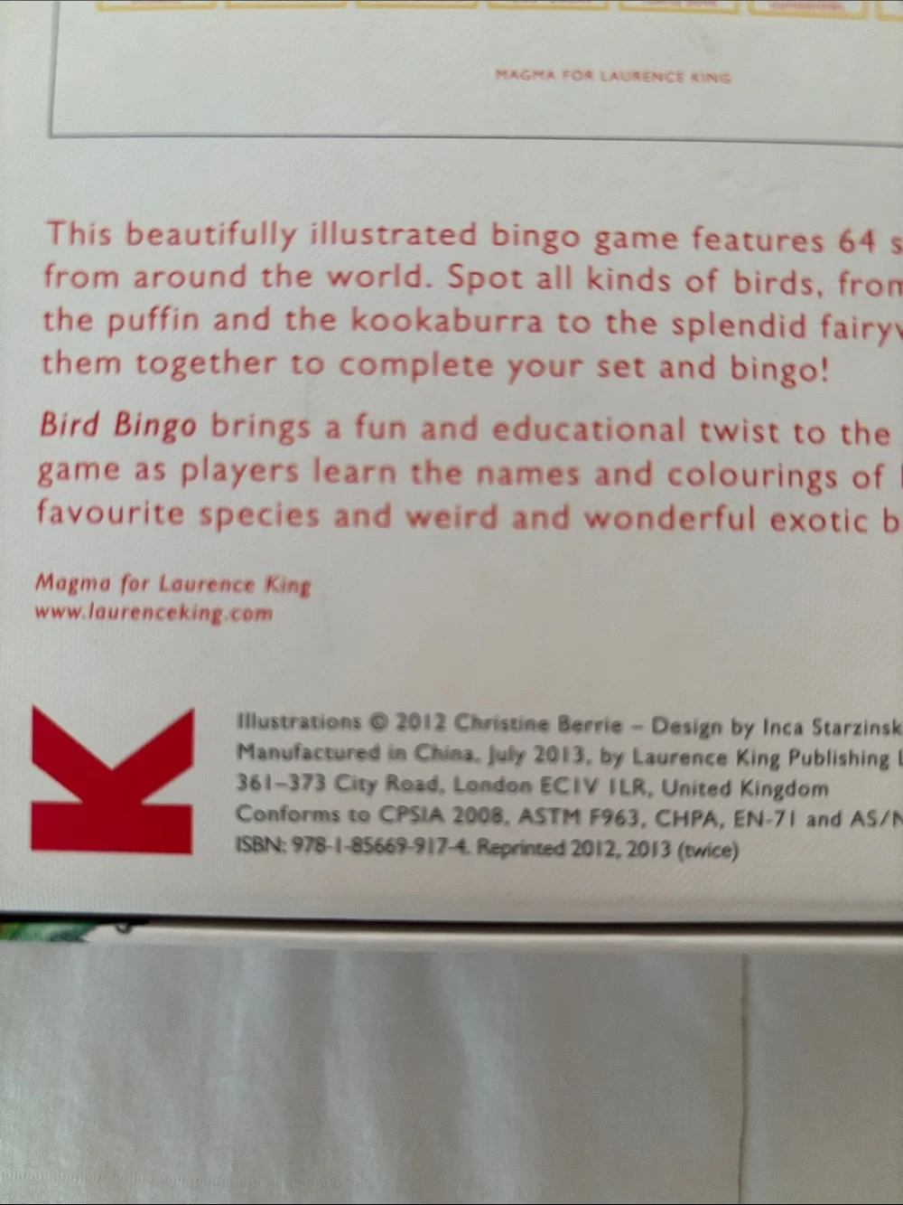 Anthropologie Bird Bingo Game - Illustrated Bird Matching Game (White & Red)